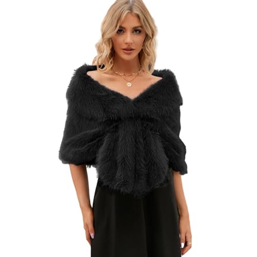 YuanDian Damen Kunstfell Bolero Brautschal Überzug Hochzeit Elegant Weich Warm Frauen Abendzeremonie Kleid Kunstpelz Stola Cape Umhänge Poncho Schwarz von YuanDiann