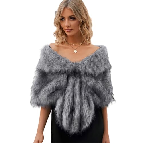 YuanDian Damen Kunstfell Bolero Brautschal Überzug Hochzeit Elegant Weich Warm Frauen Abendzeremonie Kleid Kunstpelz Stola Cape Umhänge Poncho Weiß grau von YuanDiann