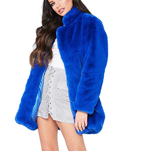 YuanDian Damen Kunstfell Mantel Midi Lange Loose Fit Weich Langarm Casual Warm Einfarbig Revers Kunstpelz Jacke Frauen übergang Fellimitat Outerwear Blau 4XL von YuanDiann