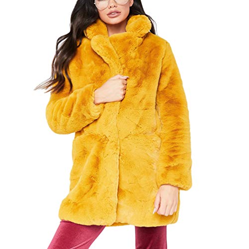 YuanDian Damen Kunstfell Mantel Midi Lange Loose Fit Weich Langarm Casual Warm Einfarbig Revers Kunstpelz Jacke Frauen übergang Fellimitat Outerwear Gelb M von YuanDiann