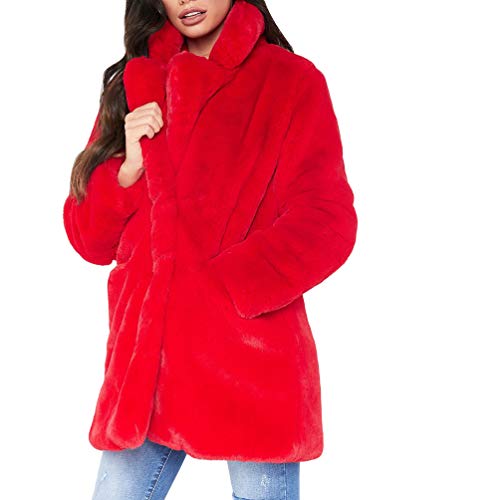 YuanDian Damen Kunstfell Mantel Midi Lange Loose Fit Weich Langarm Casual Warm Einfarbig Revers Kunstpelz Jacke Frauen übergang Fellimitat Outerwear Rot S von YuanDiann