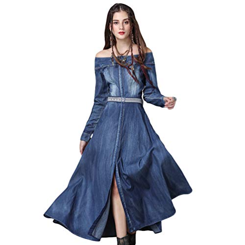 YuanDian Damen Lange Jeanskleid Off Shoulder Einreiher Retro Maxi Denim Kleider Langarm Kalte Schulter Button-down Casual Groß Swing Kleider Mit Stickerei Gürtel Blau L von YuanDiann