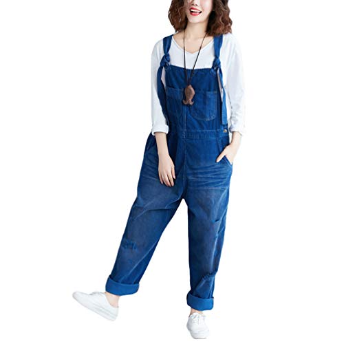 YuanDian Damen Latzjeans Weites Bein Große Größen Denim Latzhose Overalls Strampler Jeans Boyfriend Loose Fit Umstands Schwangerschaft übergroße Jumpsuits Hose 14# Blau von YuanDiann