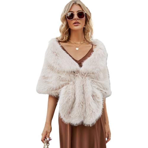 YuanDian Damen Poncho aus Kunstfell Braut Hochzeitsschal Elegant Weich Warm Frauen Kunstpelz Bolero Abendzeremonie Kleid Stola Cape Umhänge Aprikose von YuanDiann