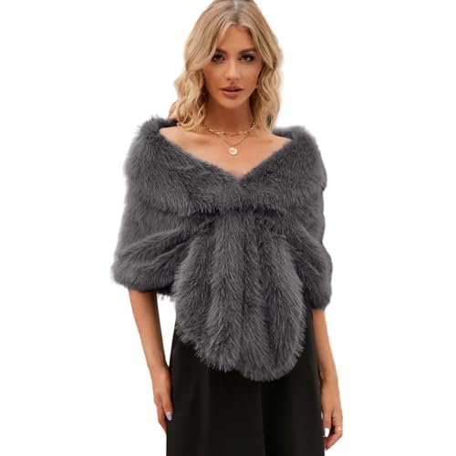 YuanDian Damen Poncho aus Kunstfell Braut Hochzeitsschal Elegant Weich Warm Frauen Kunstpelz Bolero Abendzeremonie Kleid Stola Cape Umhänge Dunkelgrau von YuanDiann