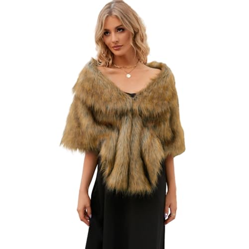 YuanDian Damen Poncho aus Kunstfell Braut Hochzeitsschal Elegant Weich Warm Frauen Kunstpelz Bolero Abendzeremonie Kleid Stola Cape Umhänge Gelb von YuanDiann