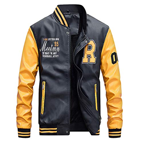 YuanDian Herren Kunstleder Baseball College Jacke Herbst Winter Casual Stehkragen Stickerei Vintage Bomber Piloten Jacke Mäntel Fliegerjacke übergangsjacke Blouson Lederimitat Gelb + schwarz XL von YuanDiann