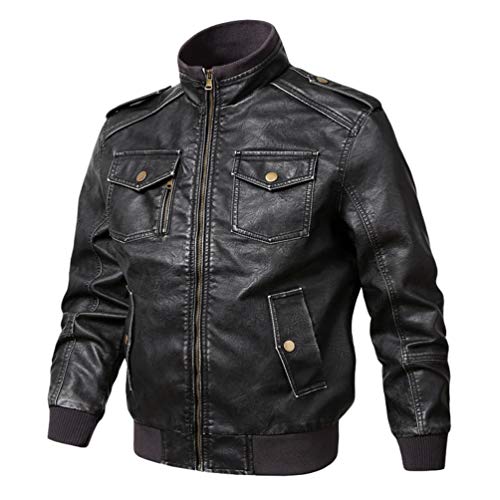 YuanDian Herren Kunstleder Baseball College Jacke Herbst Winter Casual Stehkragen Stickerei Vintage Bomber Piloten Jacke Mäntel Fliegerjacke übergangsjacke Blouson Lederimitat Schwarz 2XL von YuanDiann