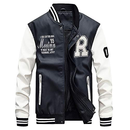 YuanDian Herren Kunstleder Baseball College Jacke Herbst Winter Casual Stehkragen Stickerei Vintage Bomber Piloten Jacke Mäntel Fliegerjacke übergangsjacke Blouson Lederimitat Weiß + schwarz 2XL von YuanDiann