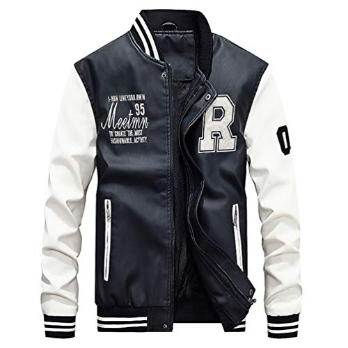 YuanDian Herren Kunstleder Baseball College Jacke Herbst Winter Casual Stehkragen Stickerei Vintage Bomber Piloten Jacke Mäntel Fliegerjacke übergangsjacke Blouson Lederimitat Weiß + schwarz L von YuanDiann