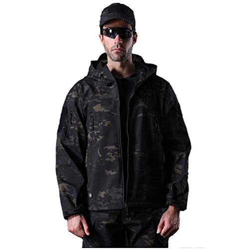 YuanDian Herren Tactical Camouflage Softshelljacke Herbst Winter Outdoor Armee Military Fleecejacke Wasserdicht Winddicht Warm Mit Kapuze Trekking Wander Skijacke Jagd Mantel Dunkle Tarnung L von YuanDiann