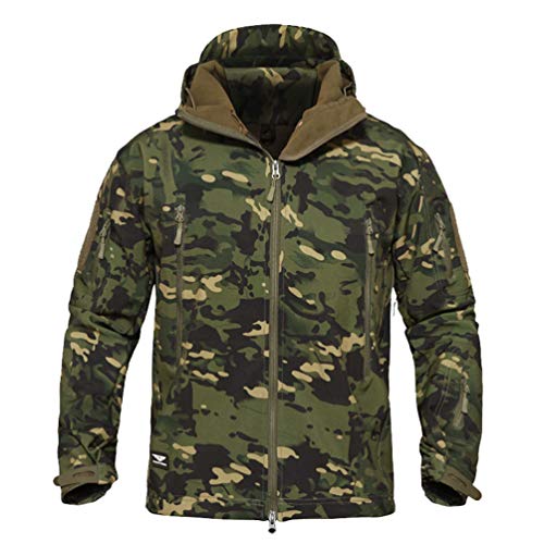 YuanDian Herren Tactical Camouflage Softshelljacke Herbst Winter Outdoor Armee Military Fleecejacke Wasserdicht Winddicht Warm Mit Kapuze Trekking Wander Skijacke Jagd Mantel Grün CP 2XL von YuanDiann