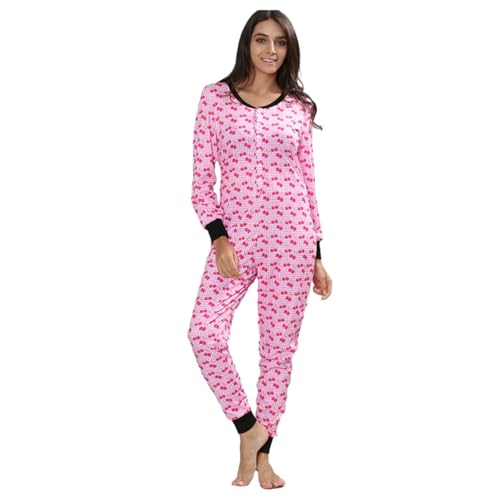 YuanDiann Damen Einteiler Pyjama Bedruckt Weich Bequem Nachtwäsche Onesie Schlafoverall Thermo Unterwäsche Basisschicht Schlafanzug Cherry L von YuanDiann