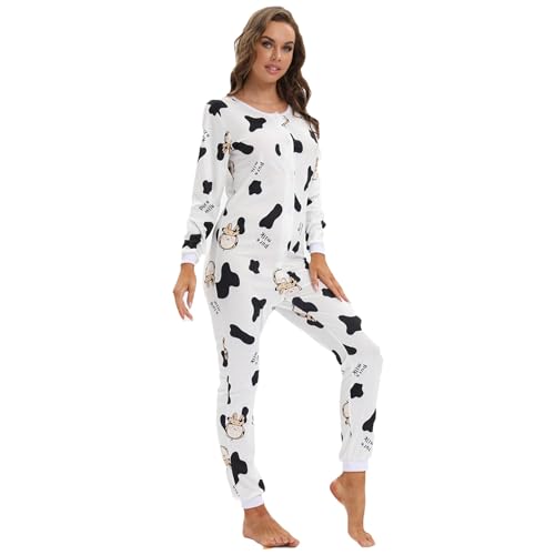 YuanDiann Damen Einteiler Pyjama Bedruckt Weich Bequem Nachtwäsche Onesie Schlafoverall Thermo Unterwäsche Basisschicht Schlafanzug Cow S von YuanDiann