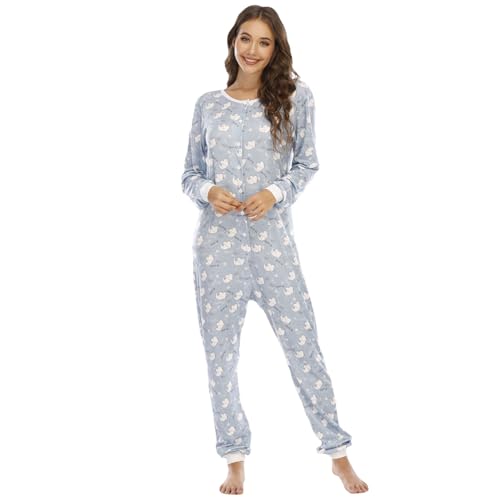 YuanDiann Damen Einteiler Pyjama Bedruckt Weich Bequem Nachtwäsche Onesie Schlafoverall Thermo Unterwäsche Basisschicht Schlafanzug Elephant M von YuanDiann