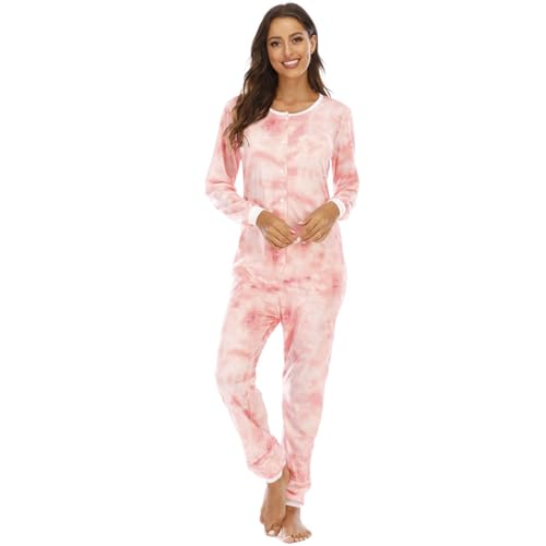 YuanDiann Damen Einteiler Pyjama Bedruckt Weich Bequem Nachtwäsche Onesie Schlafoverall Thermo Unterwäsche Basisschicht Schlafanzug Pink Tie Dye M von YuanDiann