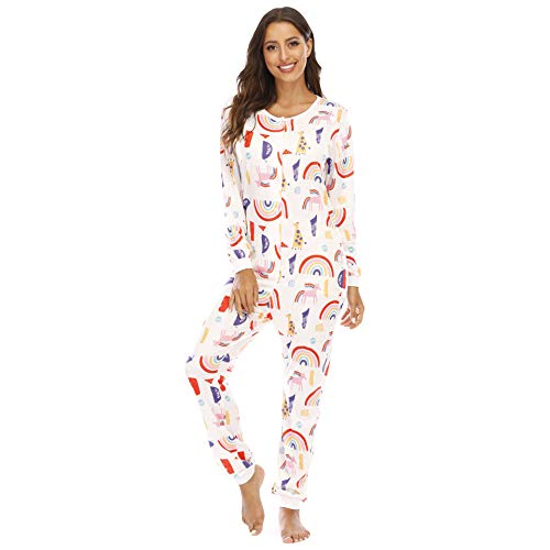 YuanDiann Damen Einteiler Pyjama Bedruckt Weich Bequem Nachtwäsche Onesie Schlafoverall Thermo Unterwäsche Basisschicht Schlafanzug Rainbow S von YuanDiann