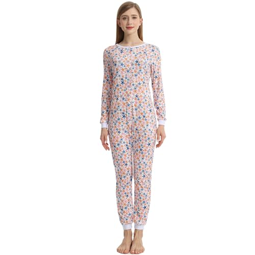 YuanDiann Damen Einteiler Pyjama Bedruckt Weich Bequem Nachtwäsche Onesie Schlafoverall Thermo Unterwäsche Basisschicht Schlafanzug Stars S von YuanDiann