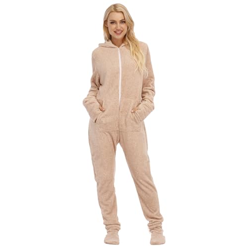 YuanDiann Damen Einteiler Pyjama mit Füßen Weich Warm Doppelseitig Flanell Onesie Schlafanzug mit Kapuze Bequemer Unterwäsche Schlafoverall mit Fußsäcken Beige Yellow S von YuanDiann