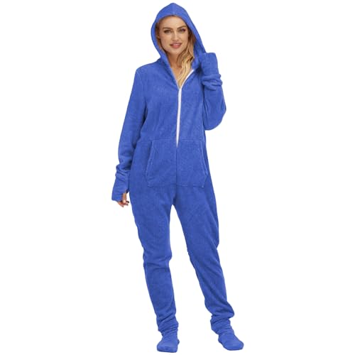 YuanDiann Damen Einteiler Pyjama mit Füßen Weich Warm Doppelseitig Flanell Onesie Schlafanzug mit Kapuze Bequemer Unterwäsche Schlafoverall mit Fußsäcken Blue XL von YuanDiann