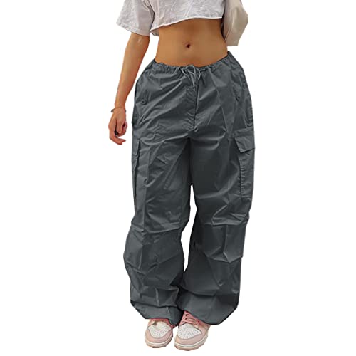 YuanDiann Damen Große Größe Cargohose Baggy Weitem Bein Hose Hoher Taille Casual Frauen Y2K Retro 90er Jahre Streetwear Multi-Tasche Cargo Hosen Grau M von YuanDiann