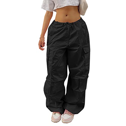 YuanDiann Damen Große Größe Cargohose Baggy Weitem Bein Hose Hoher Taille Casual Frauen Y2K Retro 90er Jahre Streetwear Multi-Tasche Cargo Hosen Schwarz L von YuanDiann