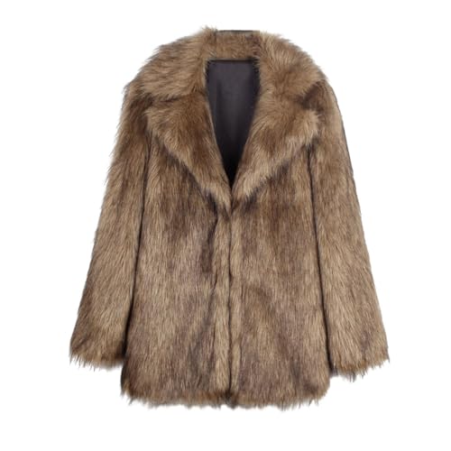 YuanDiann Damen Herbst Winter Midi Langer Kunstpelzmantel Revers Weiche Warme Kunstpelzjacke Damen Kunstfell Flauschige übergang Outerwear Parka Gelb XL von YuanDiann