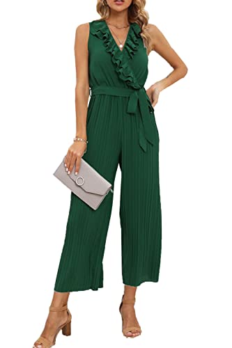 YuanDiann Damen Jumpsuit Ärmellos Sommer Elegant Causal Rüschen V-Ausschnitt Falten Weites Bein Overall Party Hosenanzug Playsuit Romper Mit Gürtel Grün M von YuanDiann