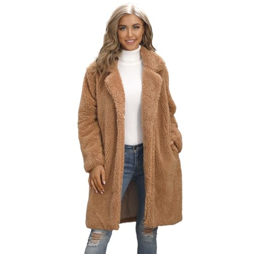 YuanDiann Damen Kunstpelzmantel Midi Langes Revers Herbst Winter Weich Warm Kunstfell Trench Jacke Frauen Kunstpelz Outerwear Parka Kamel XXL von YuanDiann