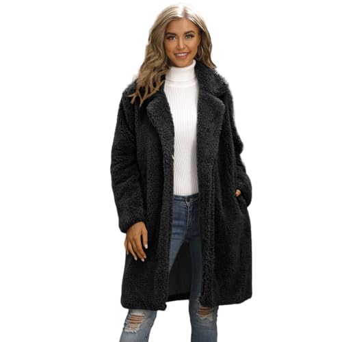 YuanDiann Damen Kunstpelzmantel Midi Langes Revers Herbst Winter Weich Warm Kunstfell Trench Jacke Frauen Kunstpelz Outerwear Parka Schwarz M von YuanDiann