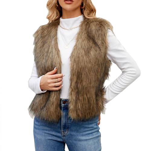 YuanDiann Damen Kurz Kunstfell Weste Herbst Winter Casual Mode Warm ärmellose Fellimitat Kunstpelz Westen Kurze Gelb S von YuanDiann