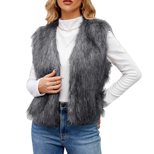 YuanDiann Damen Kurz Kunstfell Weste Herbst Winter Casual Mode Warm ärmellose Fellimitat Kunstpelz Westen Kurze Grau XL von YuanDiann