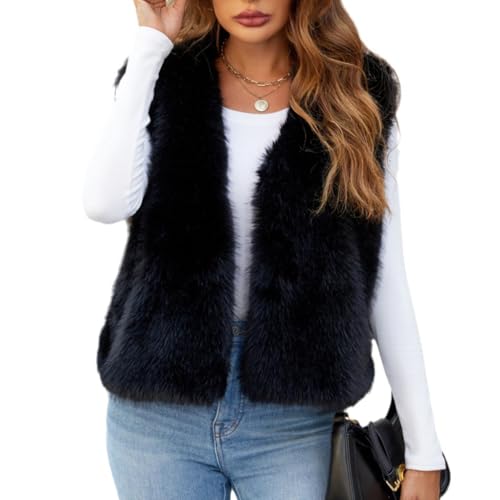 YuanDiann Damen Kurz Kunstfell Weste Herbst Winter Casual Mode Warm ärmellose Fellimitat Kunstpelz Westen Kurze Schwarz XXL von YuanDiann