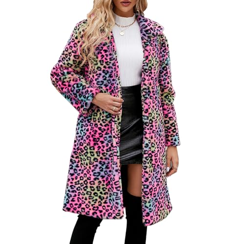 YuanDiann Damen Lange Leopard Kunstfell Mantel Herbst Winter Casual Mode Warm Revers Elegant Fellimitat Mäntel Parka Leopardenmuster Kunstpelz Jacke Bunt XL von YuanDiann