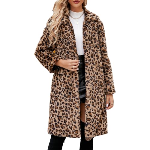 YuanDiann Damen Lange Leopard Kunstfell Mantel Herbst Winter Casual Mode Warm Revers Elegant Fellimitat Mäntel Parka Leopardenmuster Kunstpelz Jacke Gelb L von YuanDiann