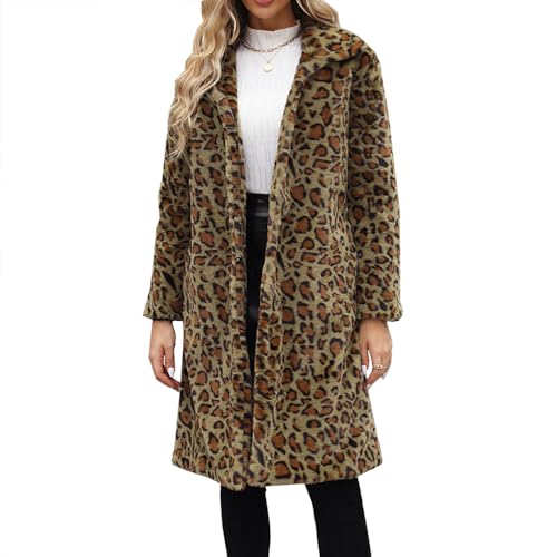 YuanDiann Damen Lange Leopard Kunstfell Mantel Herbst Winter Casual Mode Warm Revers Elegant Fellimitat Mäntel Parka Leopardenmuster Kunstpelz Jacke Grün 3XL von YuanDiann