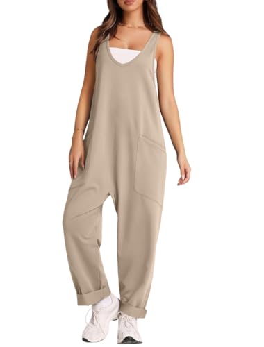 YuanDiann Damen Latzhose Sommer Overall Lockerer Elastisch Lang Jumpsuit mit Tasche Freizeit Stricken Baggy Einteiler Trägerhose Beige XL von YuanDiann