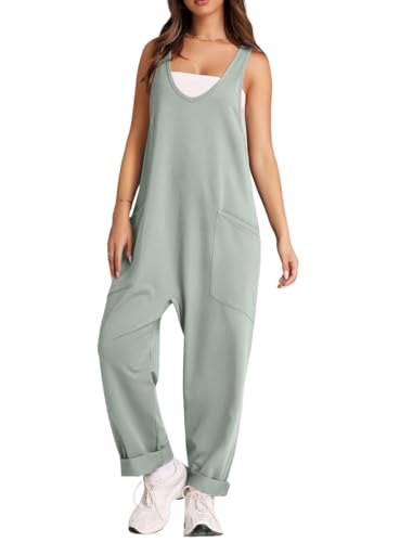 YuanDiann Damen Latzhose Sommer Overall Lockerer Elastisch Lang Jumpsuit mit Tasche Freizeit Stricken Baggy Einteiler Trägerhose Bohnengrün L von YuanDiann