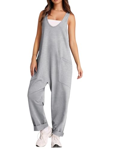 YuanDiann Damen Latzhose Sommer Overall Lockerer Elastisch Lang Jumpsuit mit Tasche Freizeit Stricken Baggy Einteiler Trägerhose Hellgrau M von YuanDiann