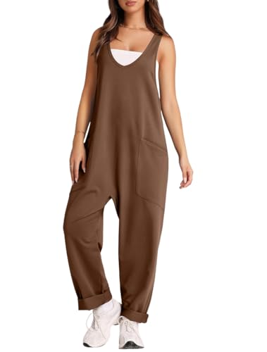 YuanDiann Damen Latzhose Sommer Overall Lockerer Elastisch Lang Jumpsuit mit Tasche Freizeit Stricken Baggy Einteiler Trägerhose Kaffee L von YuanDiann