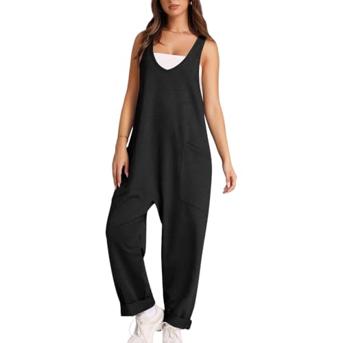 YuanDiann Damen Latzhose Sommer Overall Lockerer Elastisch Lang Jumpsuit mit Tasche Freizeit Stricken Baggy Einteiler Trägerhose Schwarz M von YuanDiann