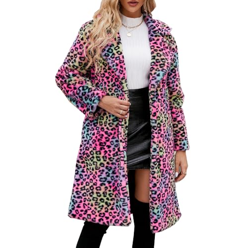 YuanDiann Damen Leopard Kunstfell Mantel Herbst Winter Casual Mode Warm Revers Elegant Fellimitat Lange Mantel Leopardenmuster Kunstpelz Jacke Bunt S von YuanDiann