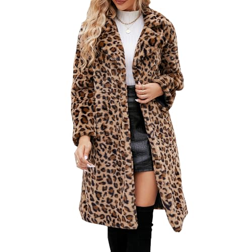 YuanDiann Damen Leopard Kunstfell Mantel Herbst Winter Casual Mode Warm Revers Elegant Fellimitat Lange Mantel Leopardenmuster Kunstpelz Jacke Gelb L von YuanDiann