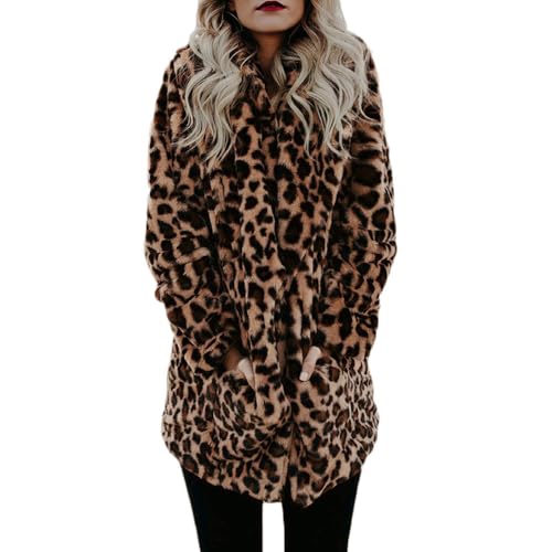 YuanDiann Damen Leopard Kunstfell Mantel Mid Lang Herbst Winter Casual Mode Warm Revers Elegant Kunstpelz Jacke Leopardenmuster Fellimitat Mantel Leoparden M von YuanDiann