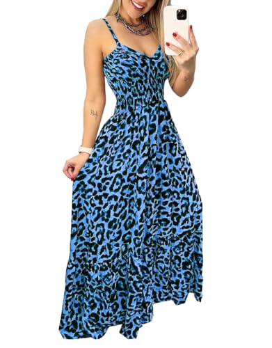 YuanDiann Damen Leoparden Kleid Sommer Casual Strand Straps A Linie Lang Kleider ärmellose Hohe Taille Rückenfrei V-Ausschnitt Leo Swing Max Strandkleid Blau L von YuanDiann