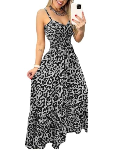 YuanDiann Damen Leoparden Kleid Sommer Casual Strand Straps A Linie Lang Kleider ärmellose Hohe Taille Rückenfrei V-Ausschnitt Leo Swing Max Strandkleid Grau XXL von YuanDiann