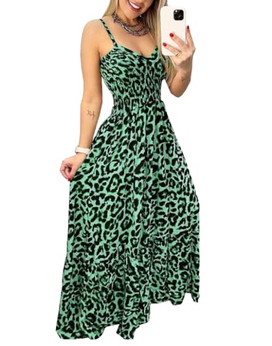 YuanDiann Damen Leoparden Kleid Sommer Casual Strand Straps A Linie Lang Kleider ärmellose Hohe Taille Rückenfrei V-Ausschnitt Leo Swing Max Strandkleid Grün M von YuanDiann