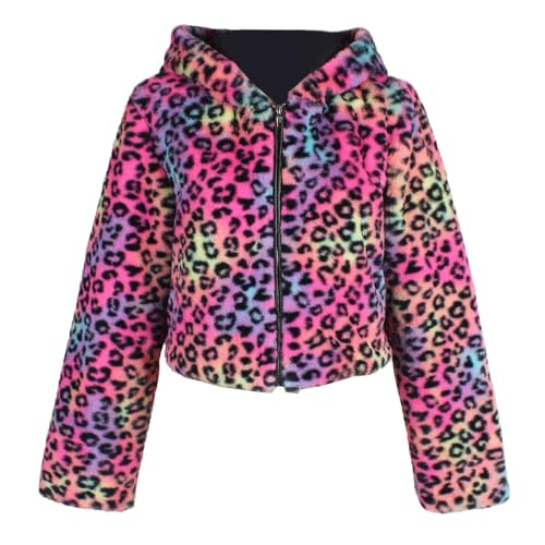 YuanDiann Damen Leopardenmuster Kunstpelz Kurz Mantel mit Kapuze Herbst Winter Warm Kunstfell Jacke Casual Mode Leopard Fellimitat Mantel Bunt XXL von YuanDiann
