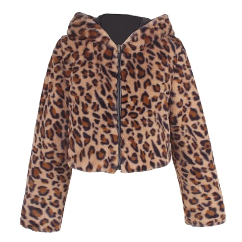 YuanDiann Damen Leopardenmuster Kunstpelz Kurz Mantel mit Kapuze Herbst Winter Warm Kunstfell Jacke Casual Mode Leopard Fellimitat Mantel Gelb XXL von YuanDiann
