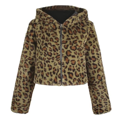 YuanDiann Damen Leopardenmuster Kunstpelz Kurz Mantel mit Kapuze Herbst Winter Warm Kunstfell Jacke Casual Mode Leopard Fellimitat Mantel Grün L von YuanDiann